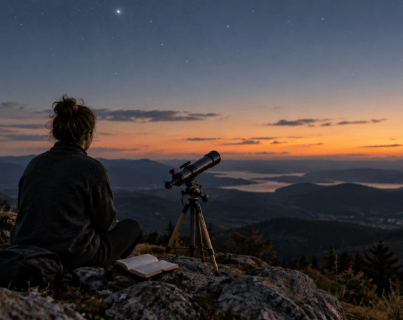 Observer sitting beside a telescope and notebook under an evening sky