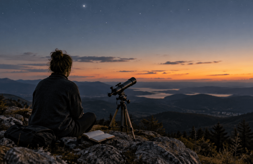 Observer sitting beside a telescope and notebook under an evening sky