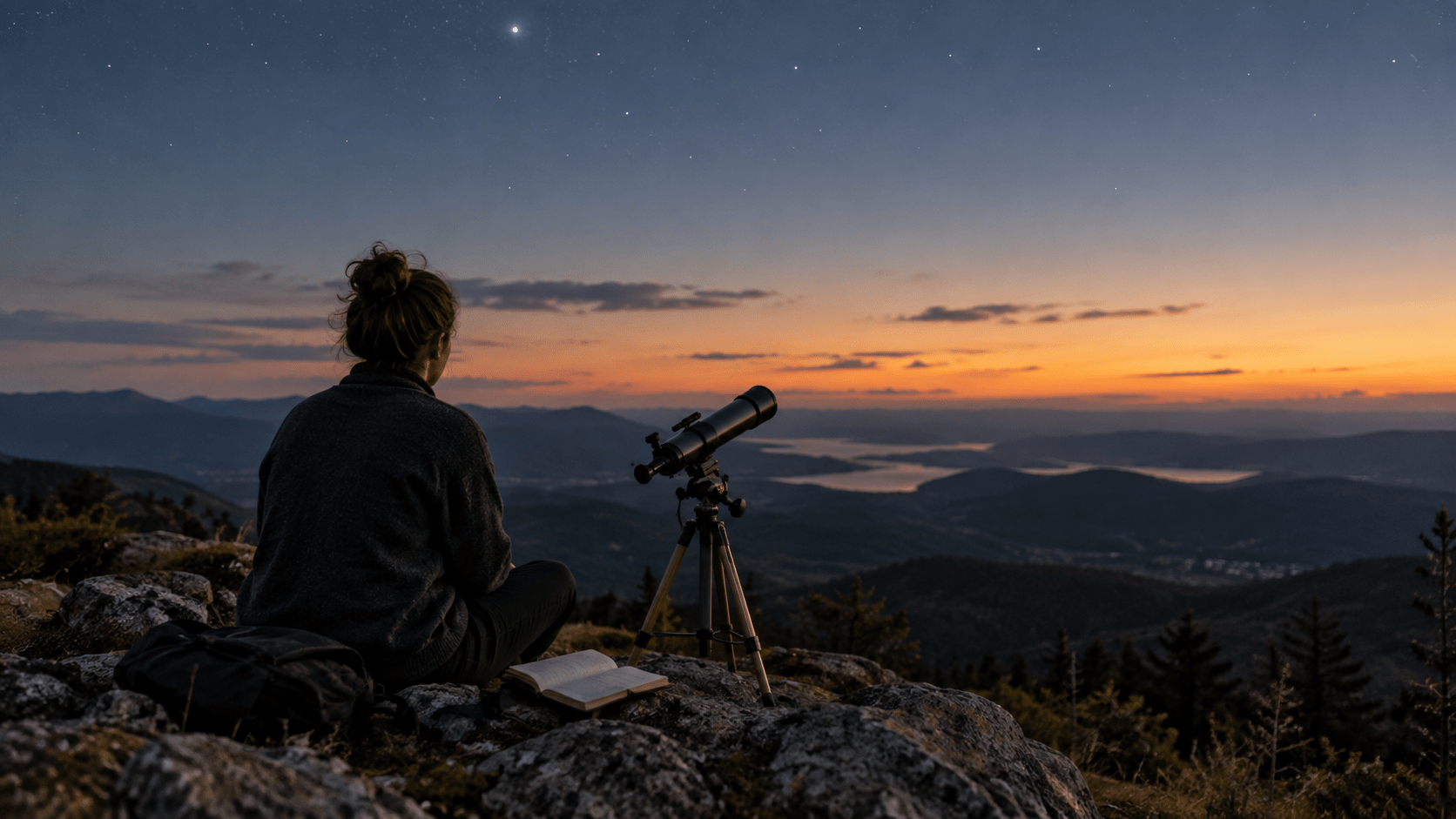 Observer sitting beside a telescope and notebook under an evening sky
