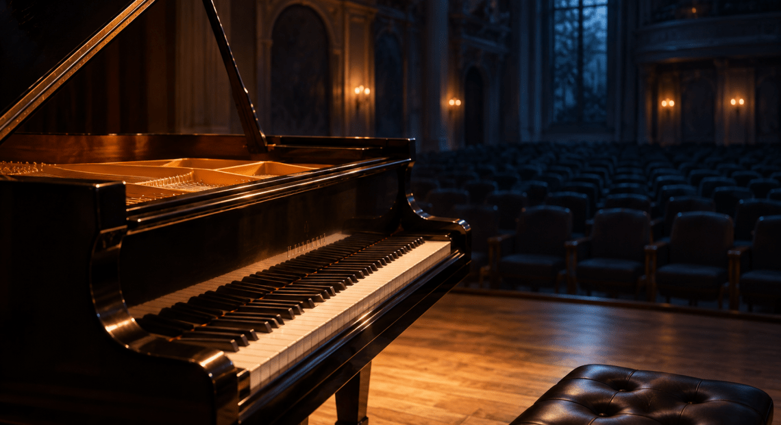 Grand piano illuminated by warm light in a quiet concert hall