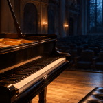 Grand piano illuminated by warm light in a quiet concert hall