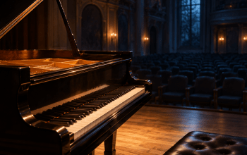 Grand piano illuminated by warm light in a quiet concert hall
