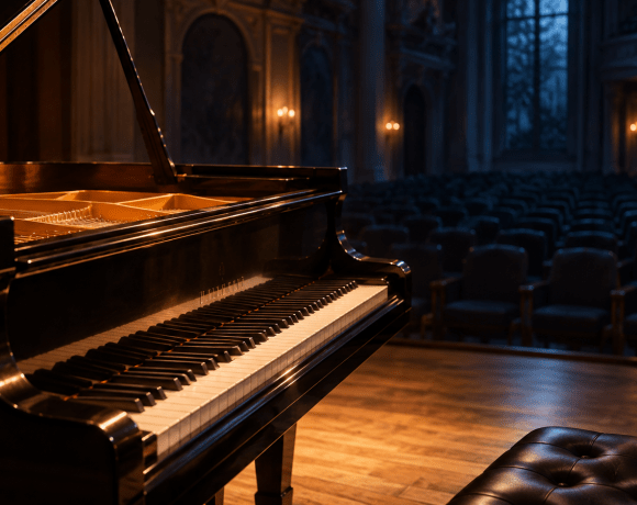 Grand piano illuminated by warm light in a quiet concert hall