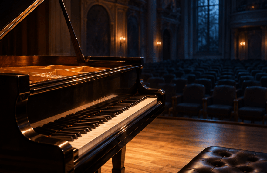 Grand piano illuminated by warm light in a quiet concert hall
