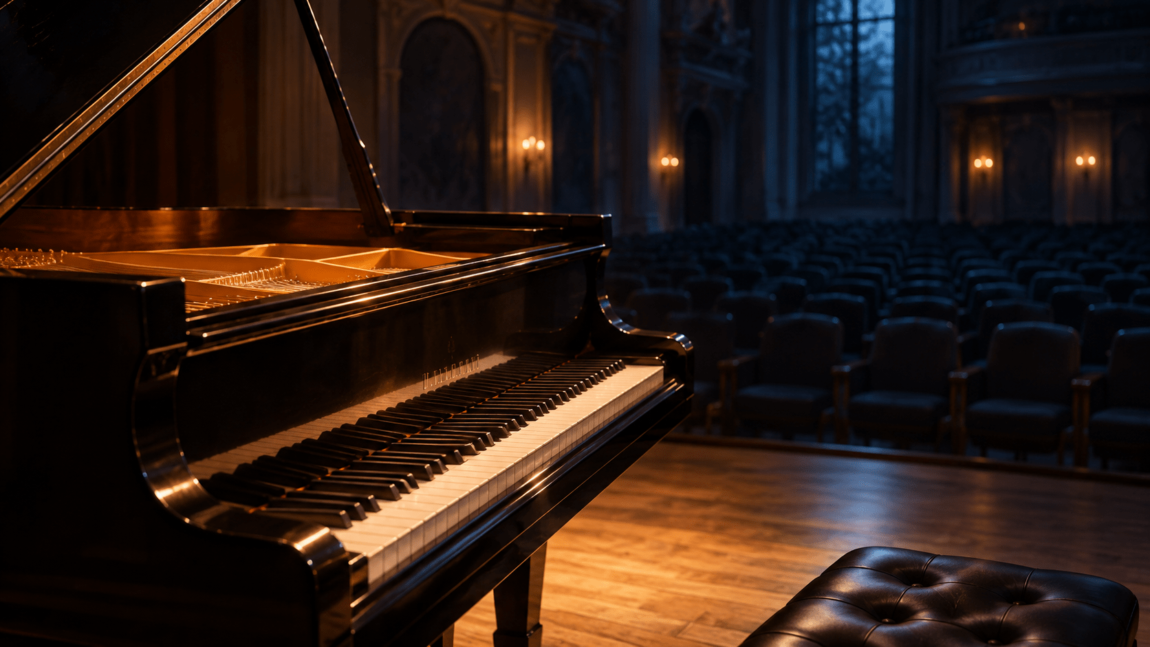Grand piano illuminated by warm light in a quiet concert hall