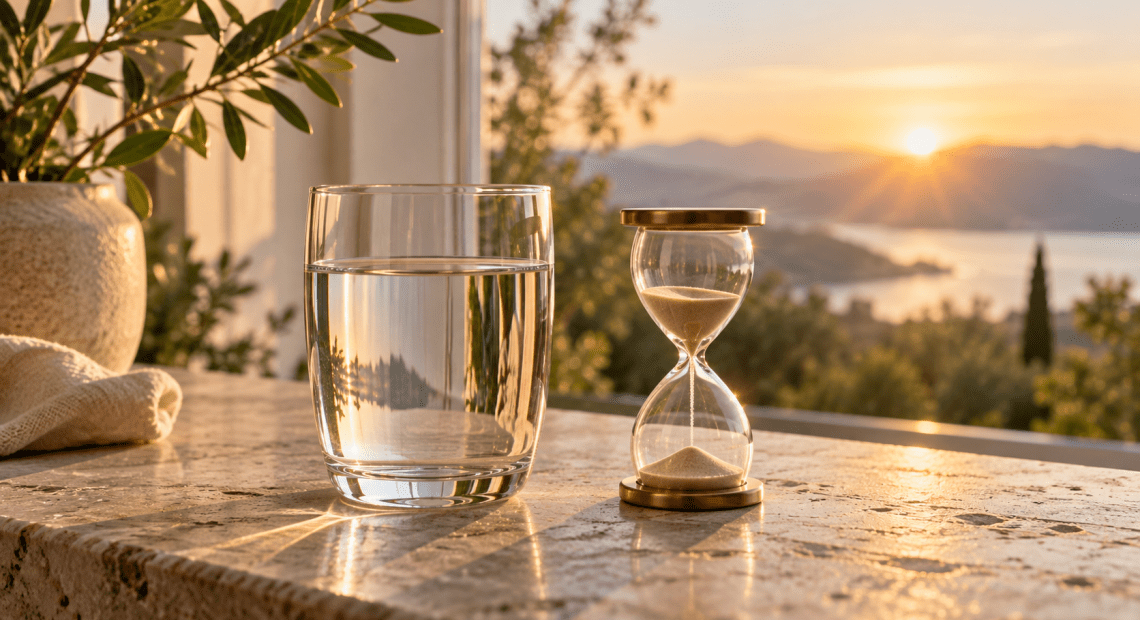Glass of water and an hourglass in warm morning light, illustrating mindful fasting