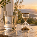 Glass of water and an hourglass in warm morning light, illustrating mindful fasting