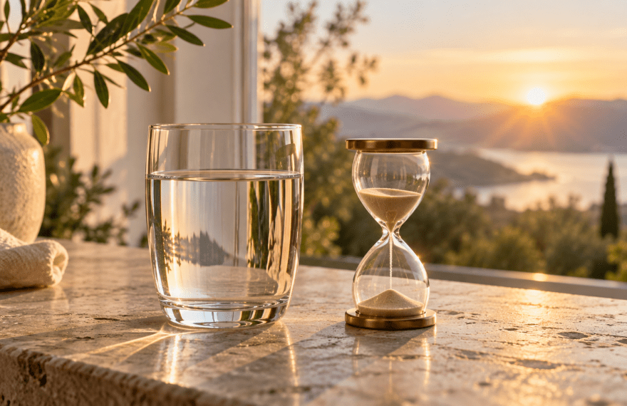 Glass of water and an hourglass in warm morning light, illustrating mindful fasting