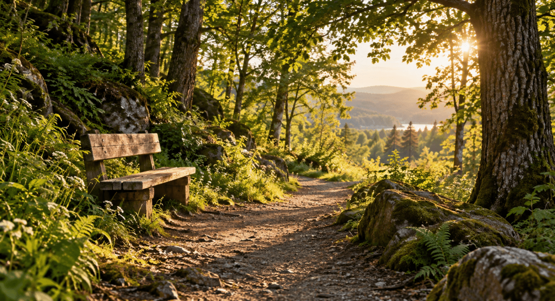A wooden bench beside a sunlit forest path overlooking a peaceful valley.