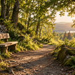 A wooden bench beside a sunlit forest path overlooking a peaceful valley.