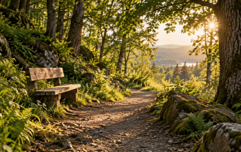 A wooden bench beside a sunlit forest path overlooking a peaceful valley.