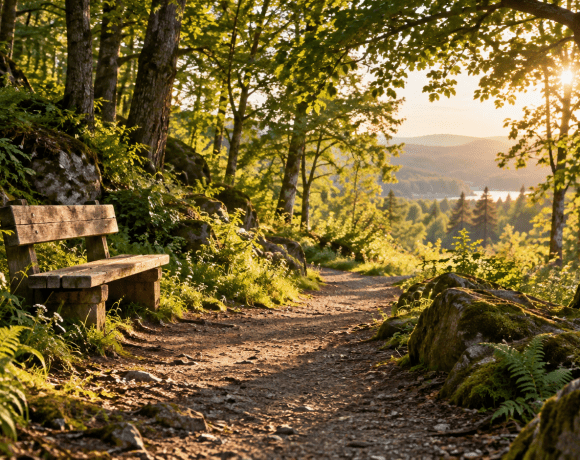 A wooden bench beside a sunlit forest path overlooking a peaceful valley.