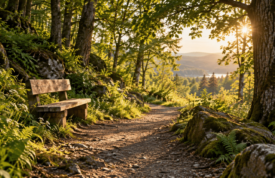 A wooden bench beside a sunlit forest path overlooking a peaceful valley.