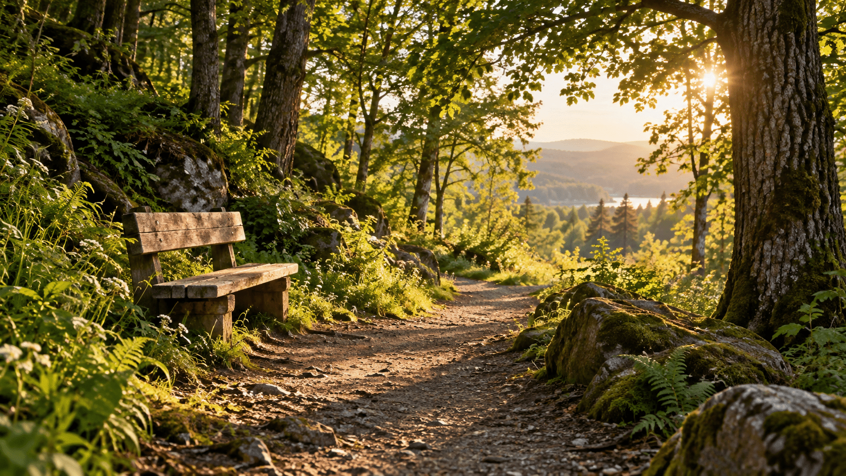 A wooden bench beside a sunlit forest path overlooking a peaceful valley.