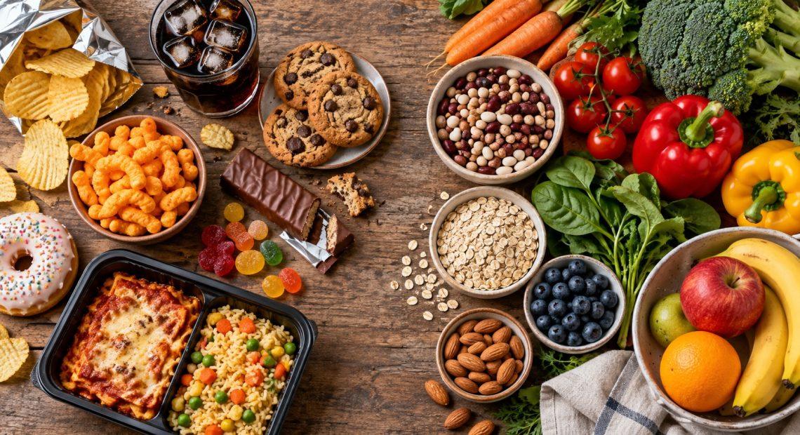 Illustration comparing packaged snacks and ready meals with vegetables, fruit, beans and oats.
