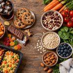 Illustration comparing packaged snacks and ready meals with vegetables, fruit, beans and oats.