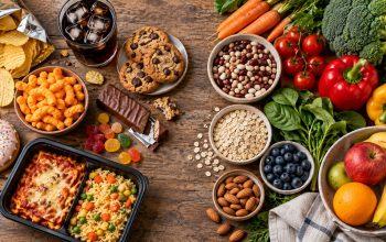 Illustration comparing packaged snacks and ready meals with vegetables, fruit, beans and oats.