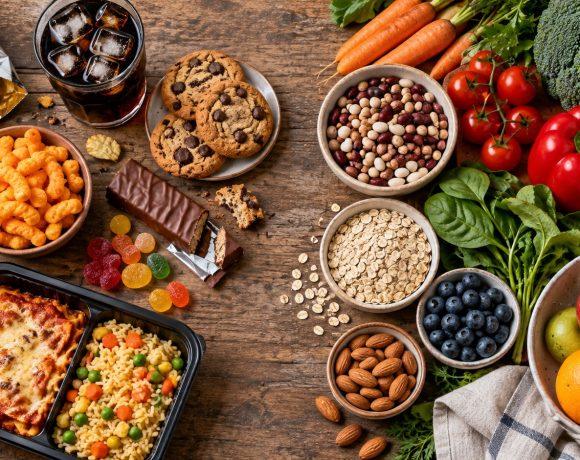 Illustration comparing packaged snacks and ready meals with vegetables, fruit, beans and oats.