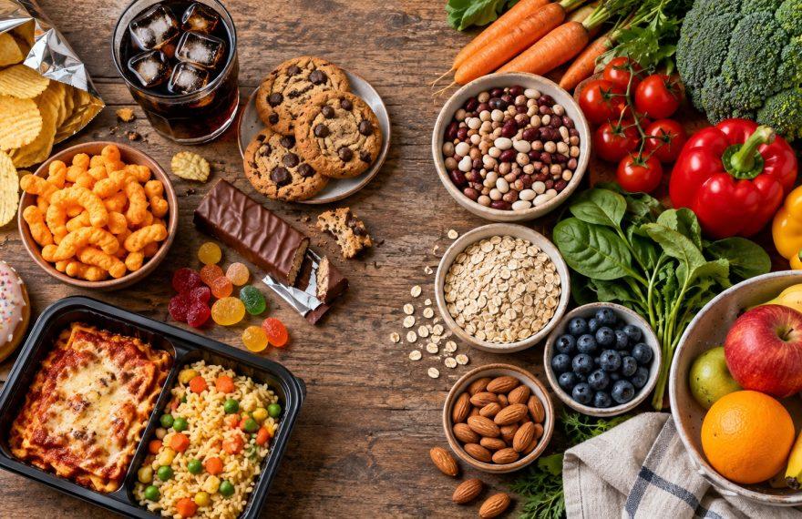 Illustration comparing packaged snacks and ready meals with vegetables, fruit, beans and oats.