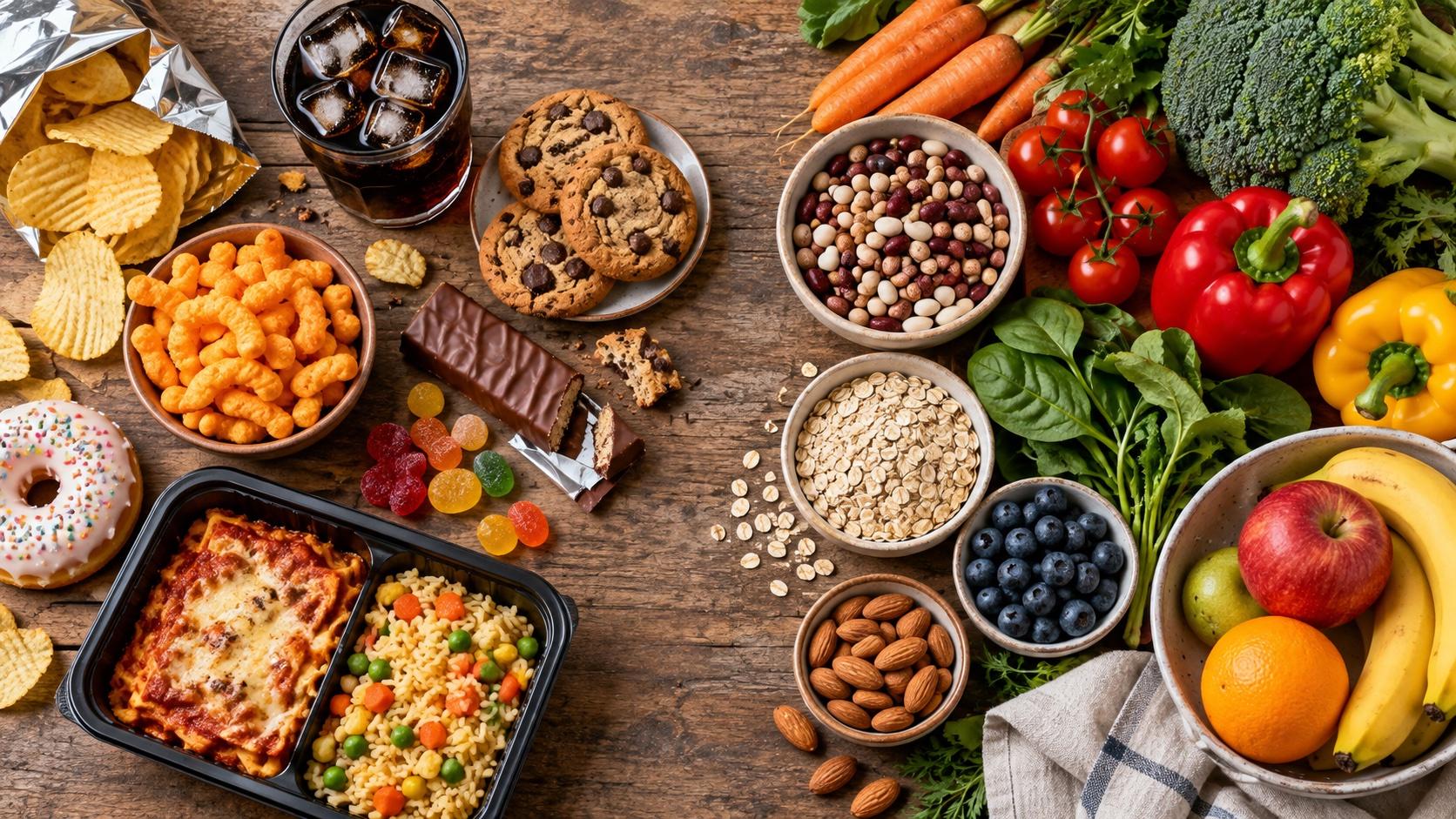 Illustration comparing packaged snacks and ready meals with vegetables, fruit, beans and oats.