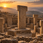Illustration of ancient T-shaped stone pillars at dawn, inspired by Göbekli Tepe