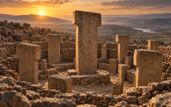 Illustration of ancient T-shaped stone pillars at dawn, inspired by Göbekli Tepe