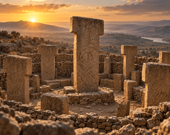 Illustration of ancient T-shaped stone pillars at dawn, inspired by Göbekli Tepe