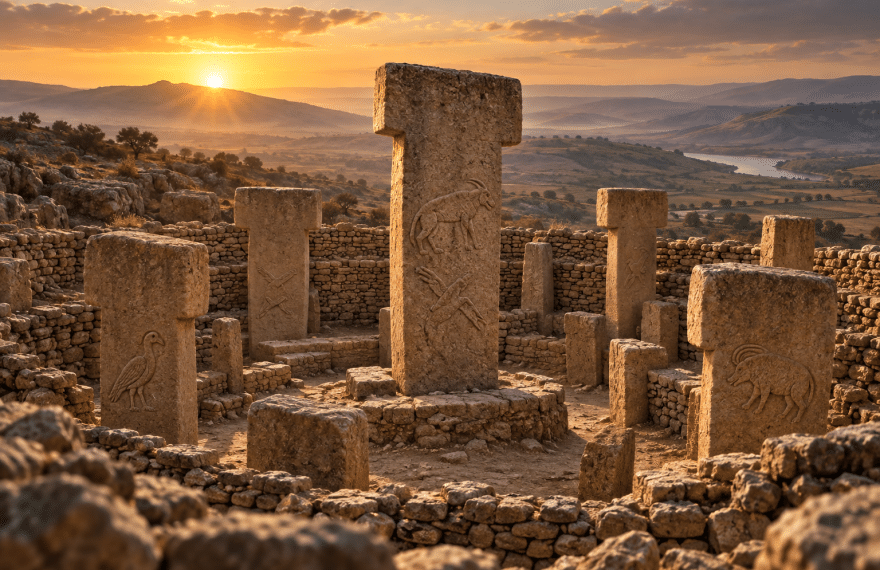 Illustration of ancient T-shaped stone pillars at dawn, inspired by Göbekli Tepe
