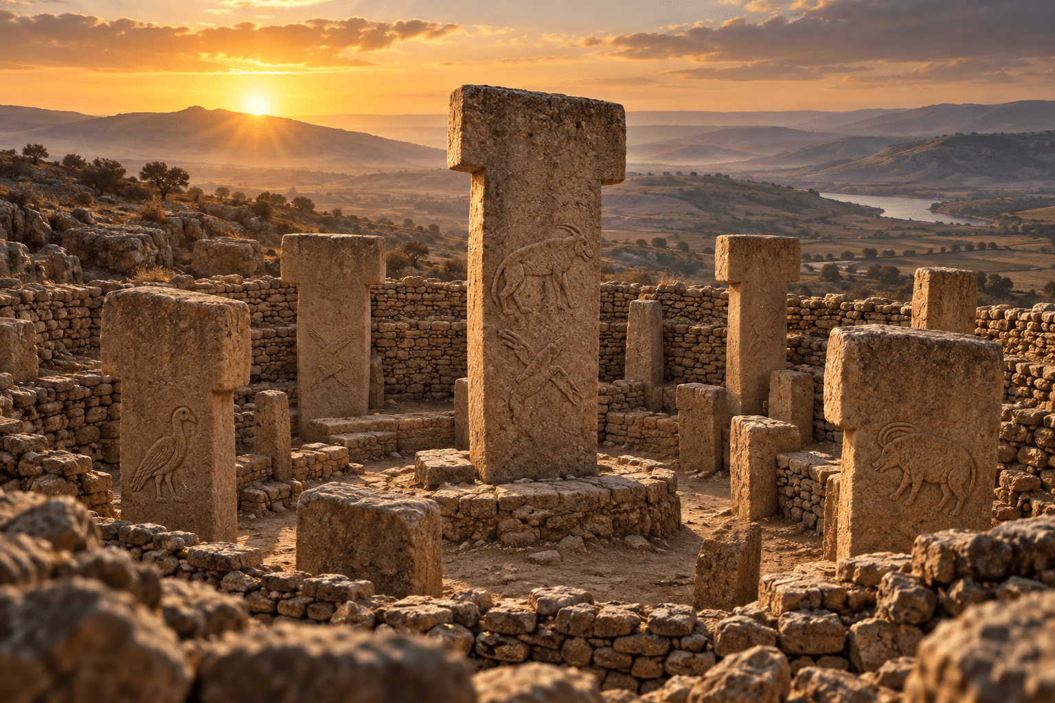 Illustration of ancient T-shaped stone pillars at dawn, inspired by Göbekli Tepe