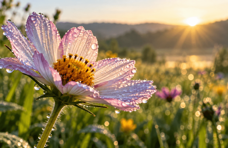 Dew-covered wildflower opening in warm morning light