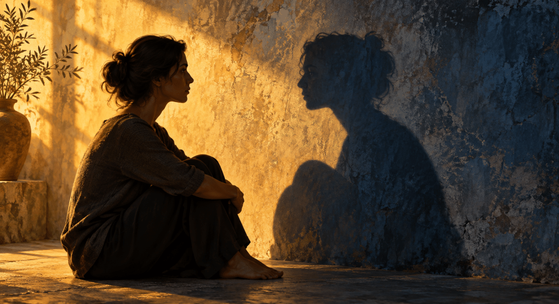 Conceptual illustration of a person facing their shadow in warm light, inspired by Jung’s idea of self-awareness.