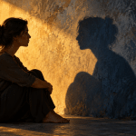 Conceptual illustration of a person facing their shadow in warm light, inspired by Jung’s idea of self-awareness.