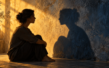 Conceptual illustration of a person facing their shadow in warm light, inspired by Jung’s idea of self-awareness.