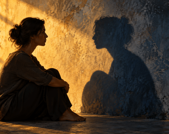Conceptual illustration of a person facing their shadow in warm light, inspired by Jung’s idea of self-awareness.