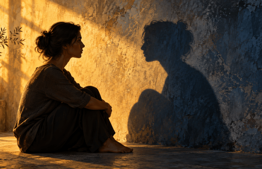 Conceptual illustration of a person facing their shadow in warm light, inspired by Jung’s idea of self-awareness.