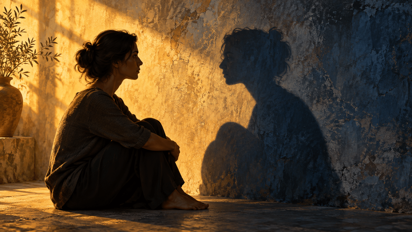 Conceptual illustration of a person facing their shadow in warm light, inspired by Jung’s idea of self-awareness.