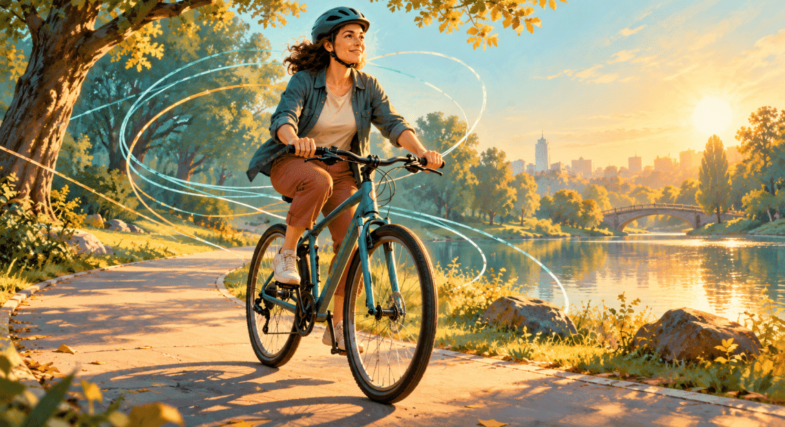 Fictional adult cycling on a park path, illustrating the challenge of relearning a familiar skill