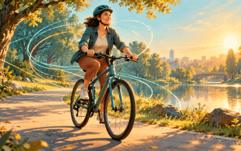 Fictional adult cycling on a park path, illustrating the challenge of relearning a familiar skill