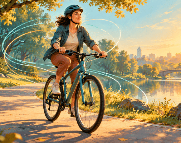 Fictional adult cycling on a park path, illustrating the challenge of relearning a familiar skill