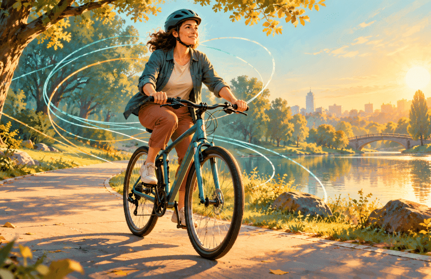 Fictional adult cycling on a park path, illustrating the challenge of relearning a familiar skill