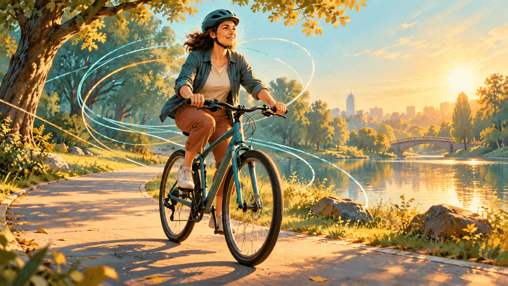 Fictional adult cycling on a park path, illustrating the challenge of relearning a familiar skill