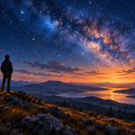 Fictional person standing beneath a star-filled sky beside a lantern at sunset