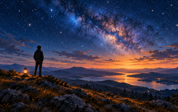 Fictional person standing beneath a star-filled sky beside a lantern at sunset