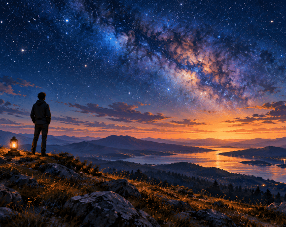 Fictional person standing beneath a star-filled sky beside a lantern at sunset