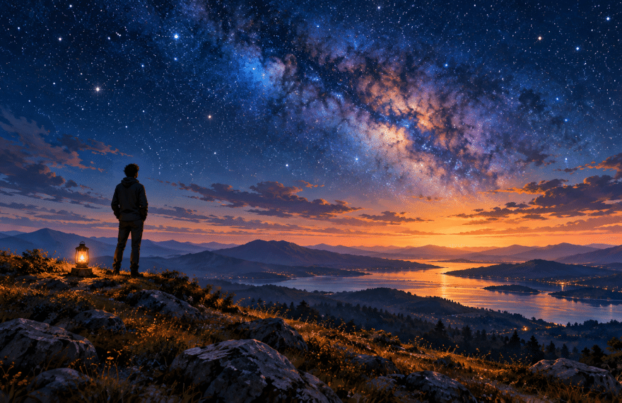 Fictional person standing beneath a star-filled sky beside a lantern at sunset