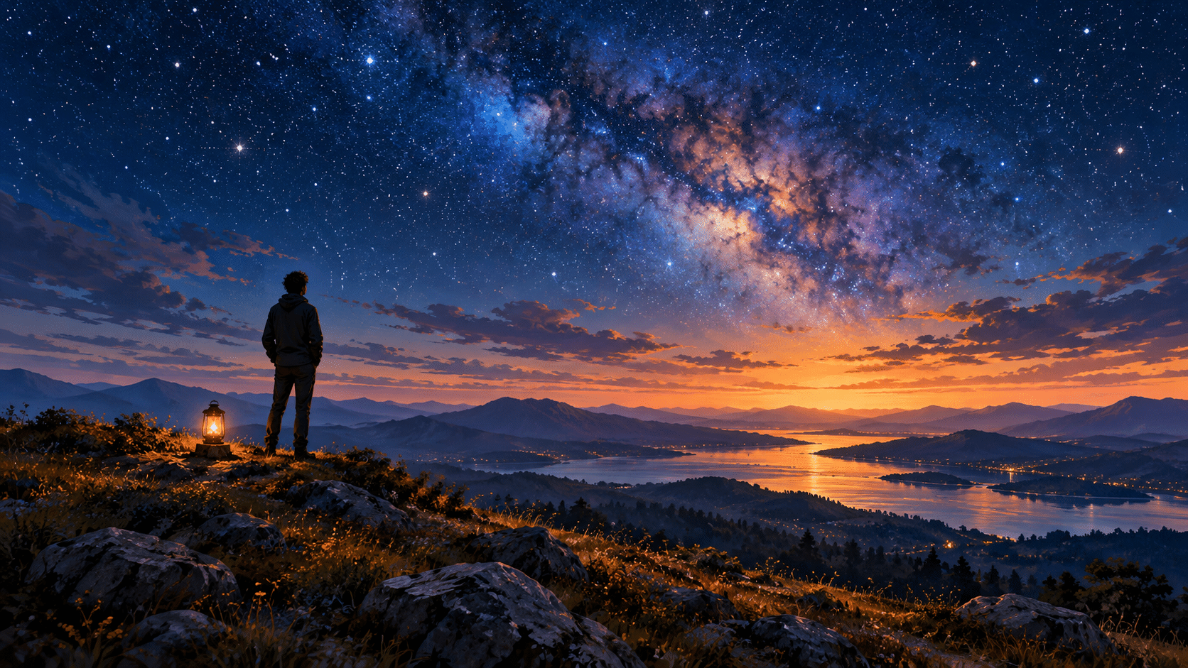 Fictional person standing beneath a star-filled sky beside a lantern at sunset