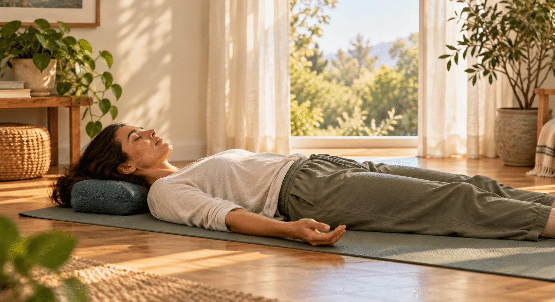 A fictional adult resting on a yoga mat in a dry sunlit room