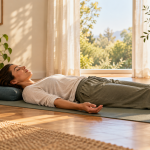 A fictional adult resting on a yoga mat in a dry sunlit room
