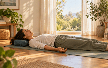A fictional adult resting on a yoga mat in a dry sunlit room