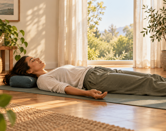 A fictional adult resting on a yoga mat in a dry sunlit room